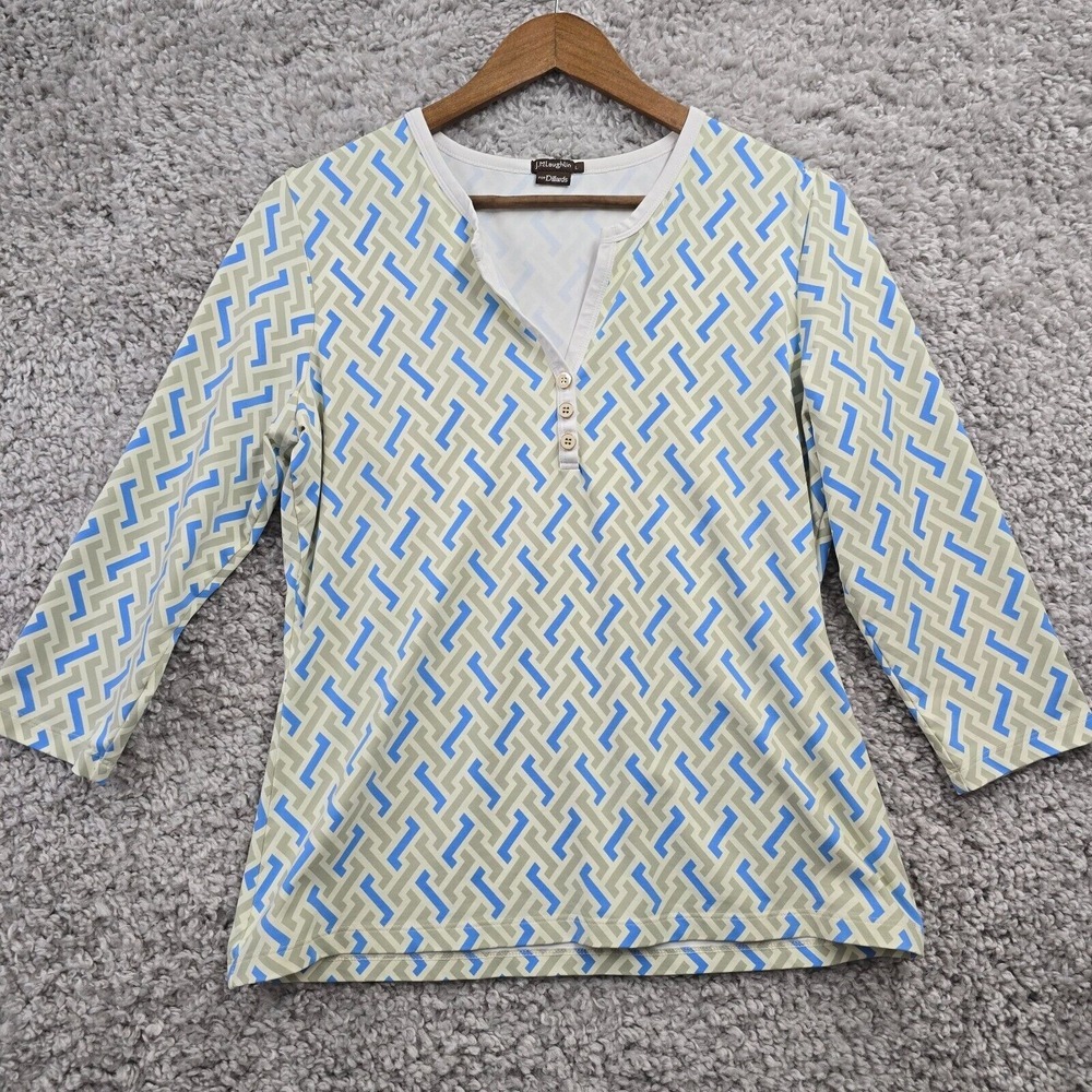 J McLaughlin Womens Catalina Cloth Geometric Henley Top Size L Preppy Classic